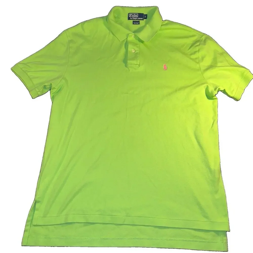 Polo Ralph Lauren Shirt Mens Large L Lime Green Pink Pony Pique Short Sleeve